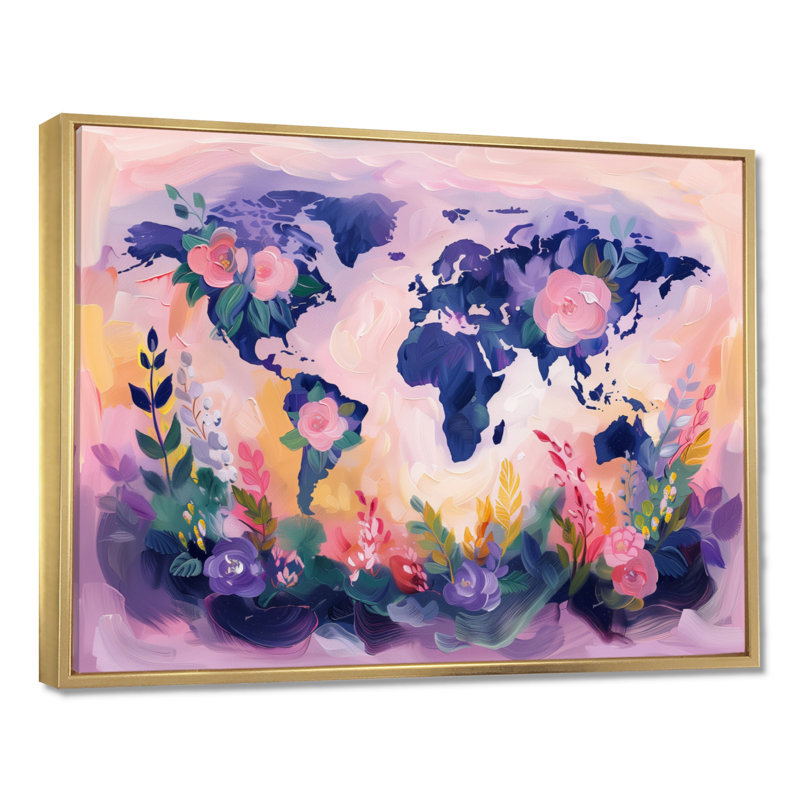 Rose mauve carte du monde «Blooms I» - art mural carte du monde, Cadre flottant doré, H 16 po x l 32 po x P 1 po