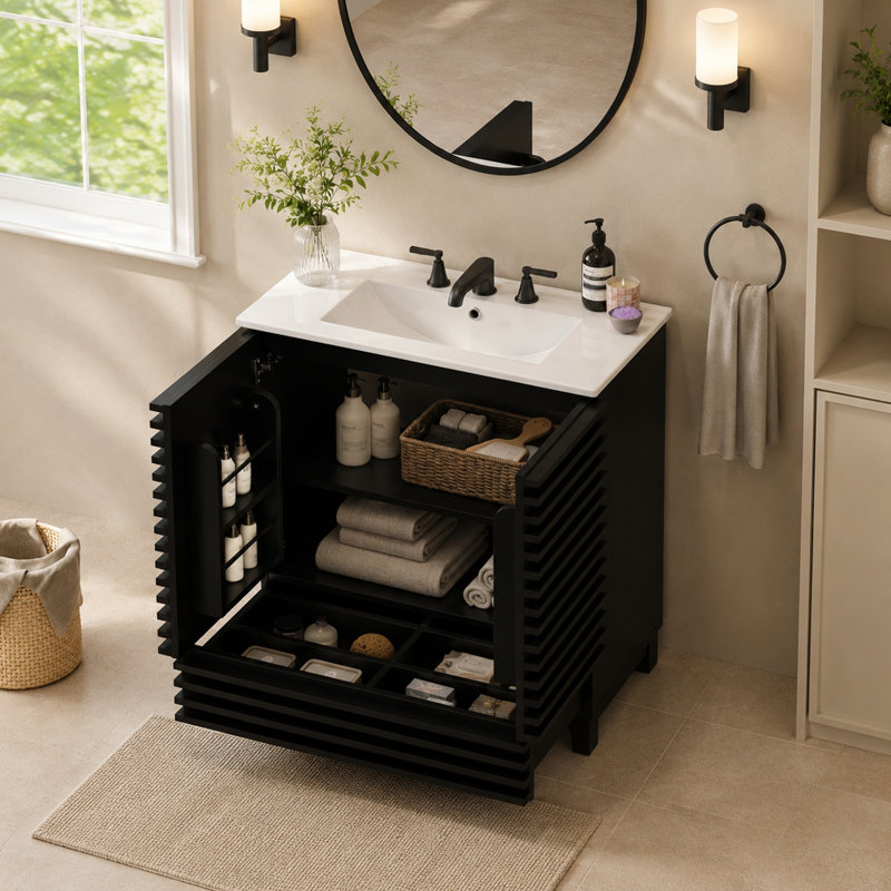 Meuble-lavabo de 76 cm avec lavabo en céramique, meuble de salle de bain autoportant avec 2 portes cannelées et 1 tiroir, étagère de rangement à double porte, séparateur de tiroir amovible, meuble-lavabo moderne