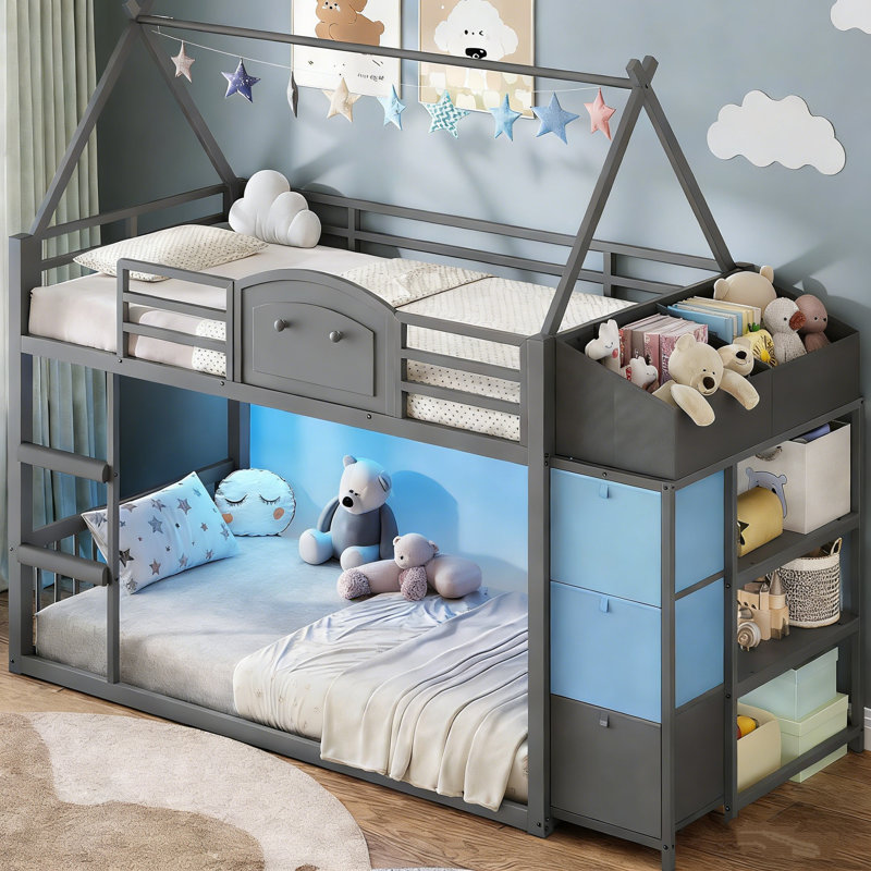 Low Loft Bed with Bookshelf, 3 Drawers & Storage Boxes | Twin Bunk Bed for Small Spaces, Gray