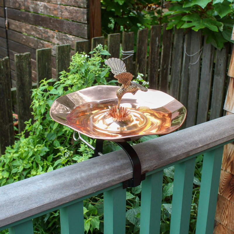 Copper Hummingbird Birdbath with Over Railing Bracket
