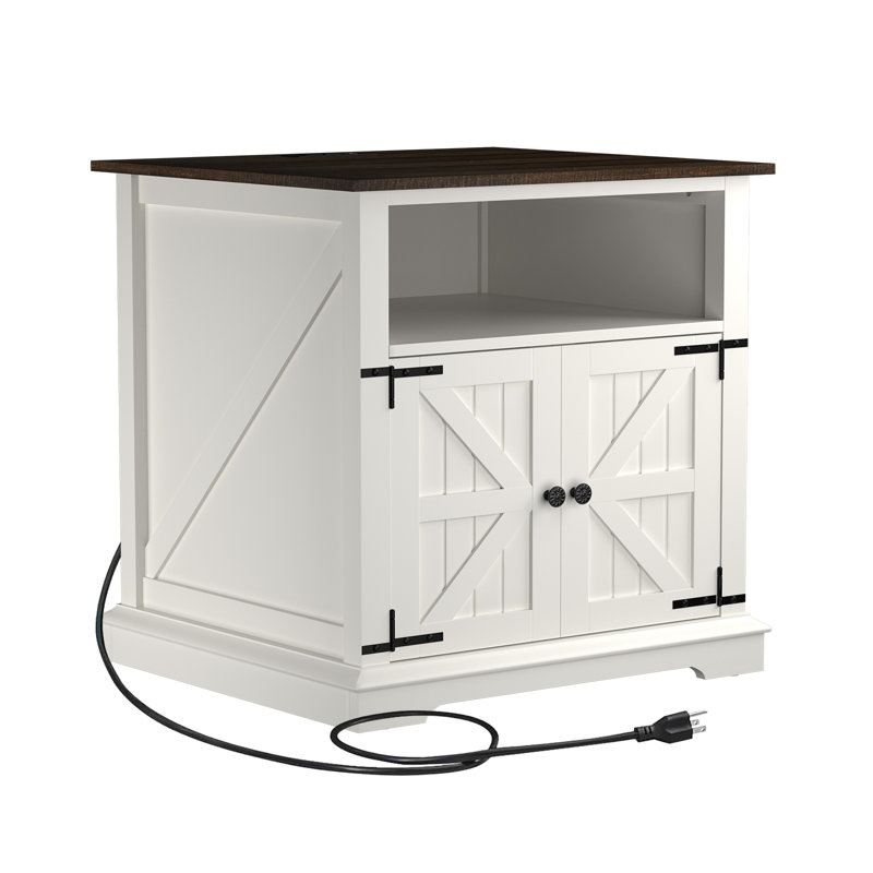 August Grove® Modern Nightstand With Cabinet & Built-In 2 AC Outlets & 2 USB Ports, Farmhouse Style End Table With Barndoor (Set of 2)