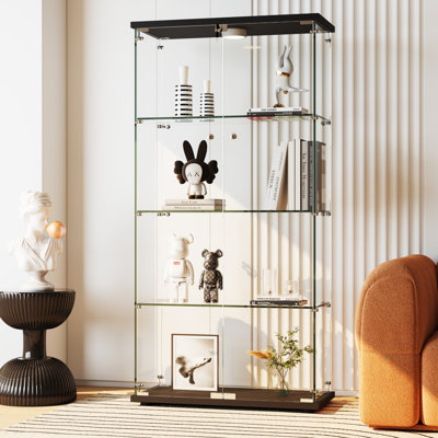 Vitrine en verre trempé - 4 tablettes réglables, portes doubles et serrure, éclairage à DEL 13 couleurs et détecteur de mouvement - Grande vitrine pour objets de collection, figurines, noir