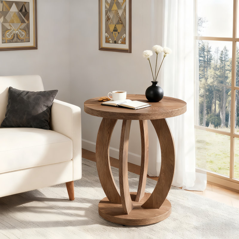 Round Wood End Table, Farmhouse Accent Bedside Table For Living Room Bedroom Small Space, Set of 2, Brown