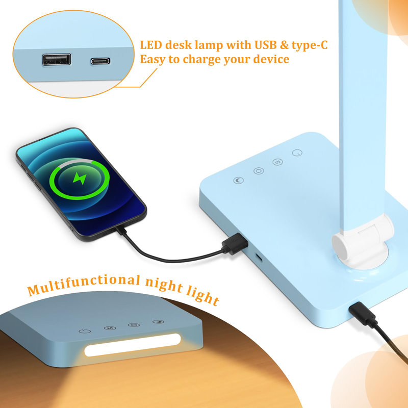 LED Desk Lamp with USB Ports,Touch Desk Lamps for Home Office with 5 Color Modes,3 Brightness Desk Light with Small Night Light,Reading Lamp Table Lamp for Bedroom Bedside Study(with adapter)