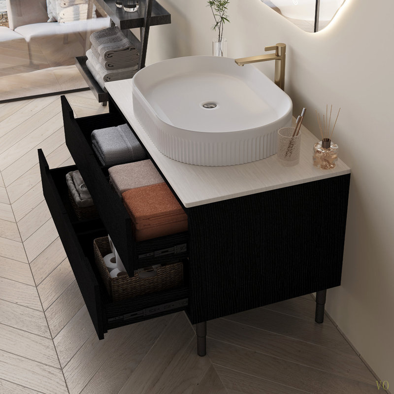Meuble-lavabo de 36 pouces, autoportant ou fixé au mur avec lavabo intégré en céramique et tiroirs à fermeture en douceur