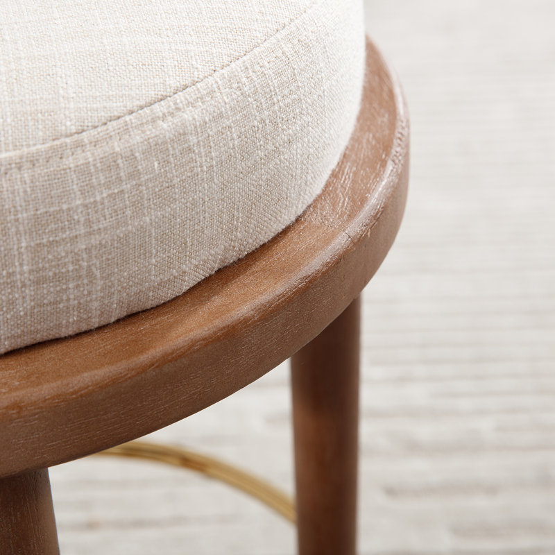 Modern Upholstered Bar Stool Without Backrest With Gold Ring Stirrups, Linen - Beige Seat/ Brown Frame