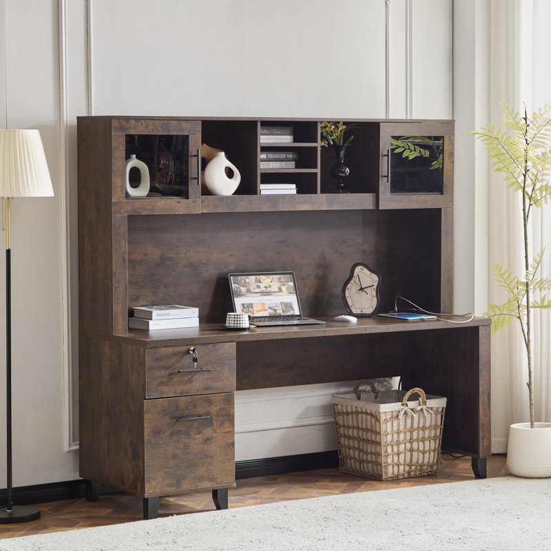 70.87in Walnut-colored Wood One Drawers with Lock Filing Cabinet Computer Desk
