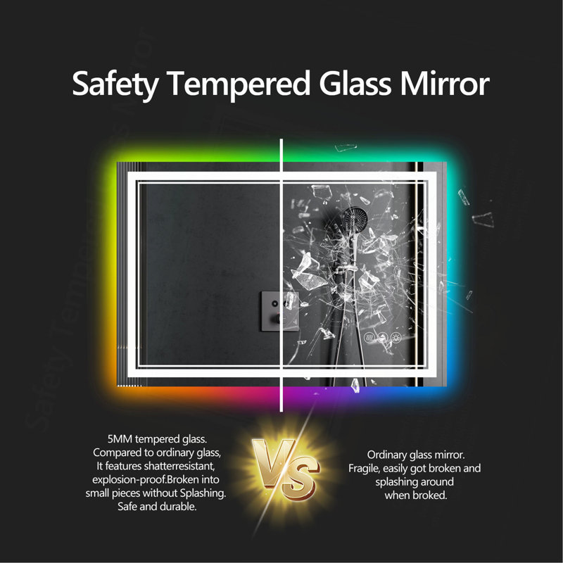 Miroir de salle de bain sans cadre à DEL, miroir intelligent, rétroéclairage RVB, 36 po x 30 po