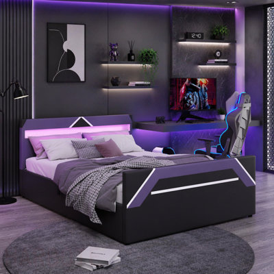 Queen Size Gaming Bed with Built-in 7-Color LED Lighting Headboard, Side-Lift Hydraulic Storage Platform Bed