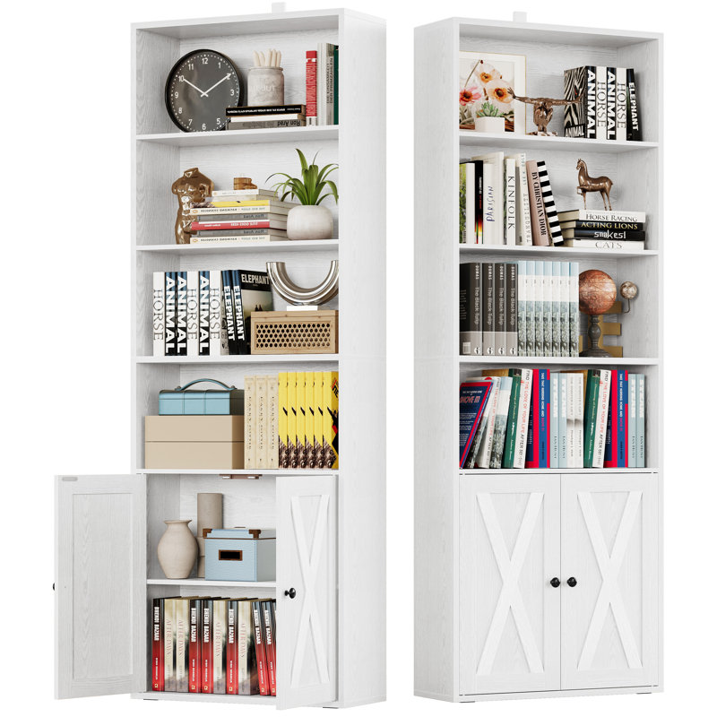 6 Tier Bookcase With Doors Set Of 2, Industrial White