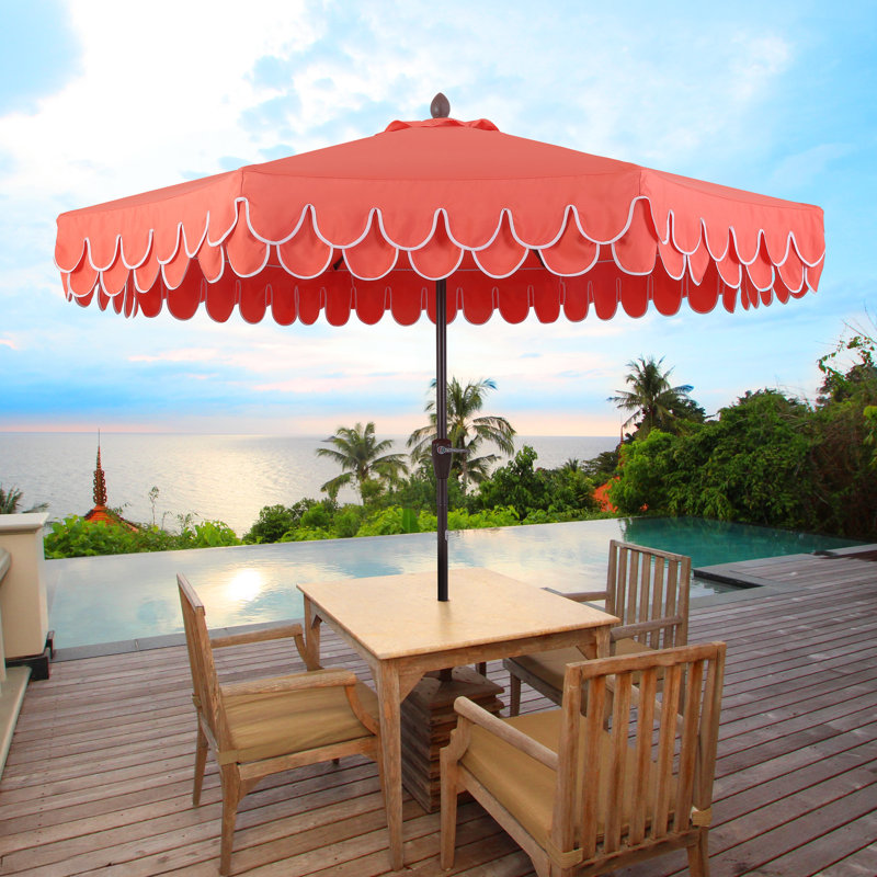 Tracy 9 ft. Coastal Octagon Outdoor Market Patio Umbrella with Scalloped Fringe, Crank Lift & Tilt, Coral Red Canopy, Dark Brown Pole