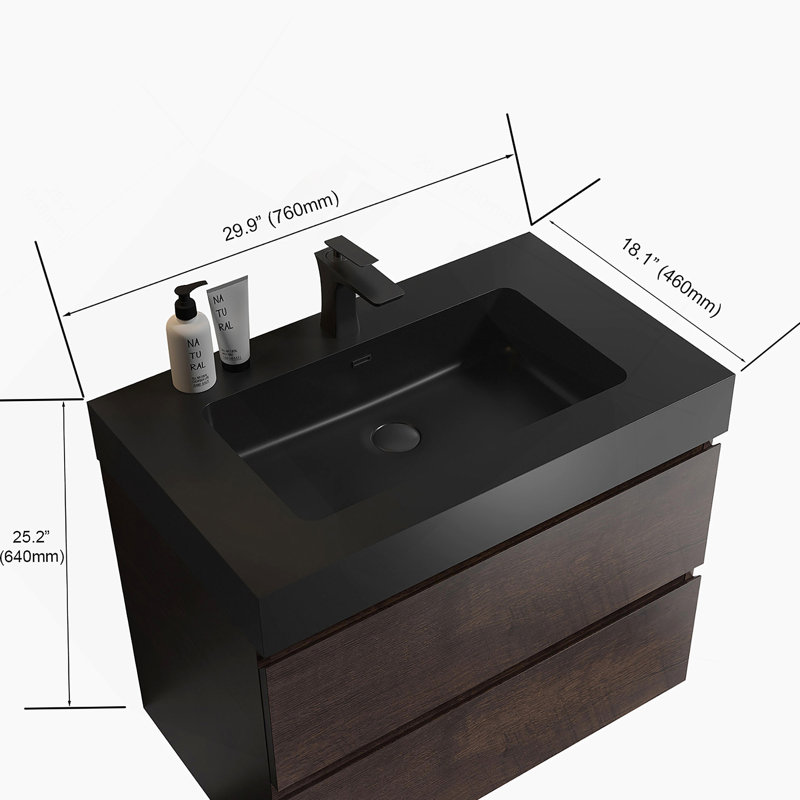 Meuble-lavabo mural flottant avec lavabo et rangement, 30", Noyer