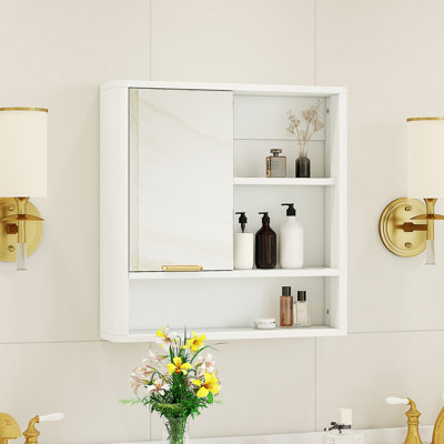 Armoire de salle de bain moderne avec miroir, armoire de rangement murale avec tablettes ouvertes, armoire à pharmacie imperméable avec décor doré, rangement pour meuble-lavabo