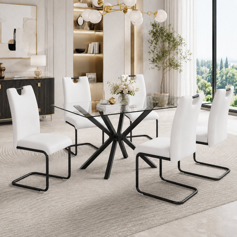 47.24" Rectangular Tempered Glass Dining Table With Metal Legs, Black