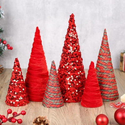 6 Pcs 12" 10" 6"Buffalo Plaid Christmas Velvet Cone Trees Decoration Christmas Glitter Tree Farmhouse Buffalo Plaid Tiered Tray Ornament for Xmas Home Holiday Entryway Tabletop Tree Centerpiece Décor