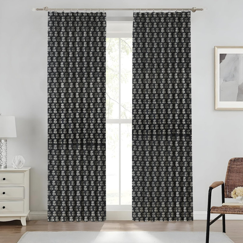 Fabdivine Summer, Spring Floral Block Print Curtain Handmade Two-Side Panels, 27x102 Inches, Soft Boho Pure Linen, Black Pleated Pinch Drapes for Blackout, Bedroom, Kitchen, or Patio, Damru