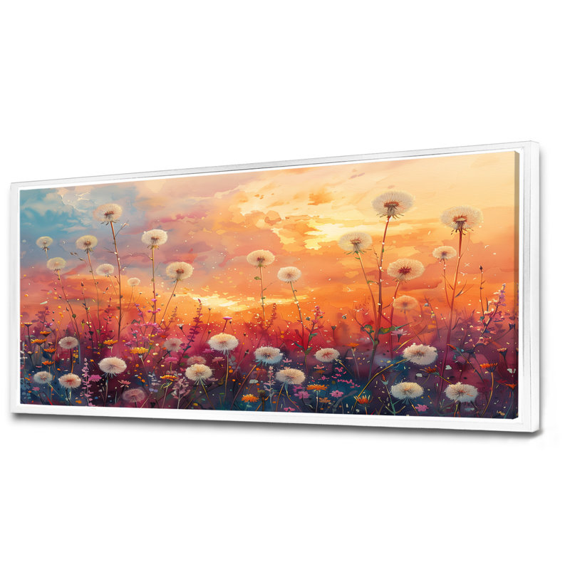 Décoration murale pissenlit rose et orange, Cadre flottant blanc, H 28 po x l 60 po x P 1,5 po