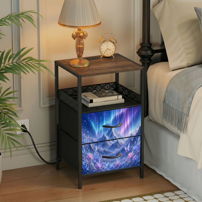 Table de chevet 2 tiroirs avec station de charge, table de chevet pour chambre avec ports USB et amp; Table de chevet noire Outlets