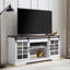 Console blanche et brune avec portes coulissantes et espace généreux pour les téléviseurs de 65 po