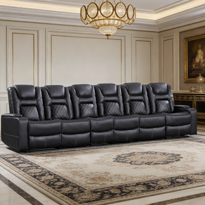 Modern 6-Seat Premium Faux Leather Power Reclining Home Theater Sofa With Cup Holders & Arm Storage