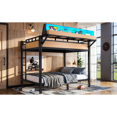 Lit superposé double au-dessus de double avec tablettes de rangement et panneau perforé, cadre de lit superposé avec ports USB et lumières DEL, peu encombrant, pour les adolescents et les adultes, naturel