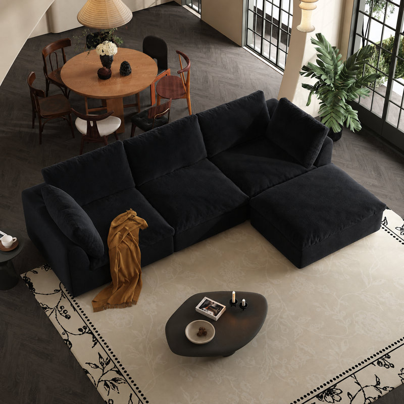 Canapé d'angle moderne et confortable en chenille de 271 cm (106,7 po), idéal pour le salon. Canapé d'angle convertible profond sans dossier avec pouf, canapé modulable.