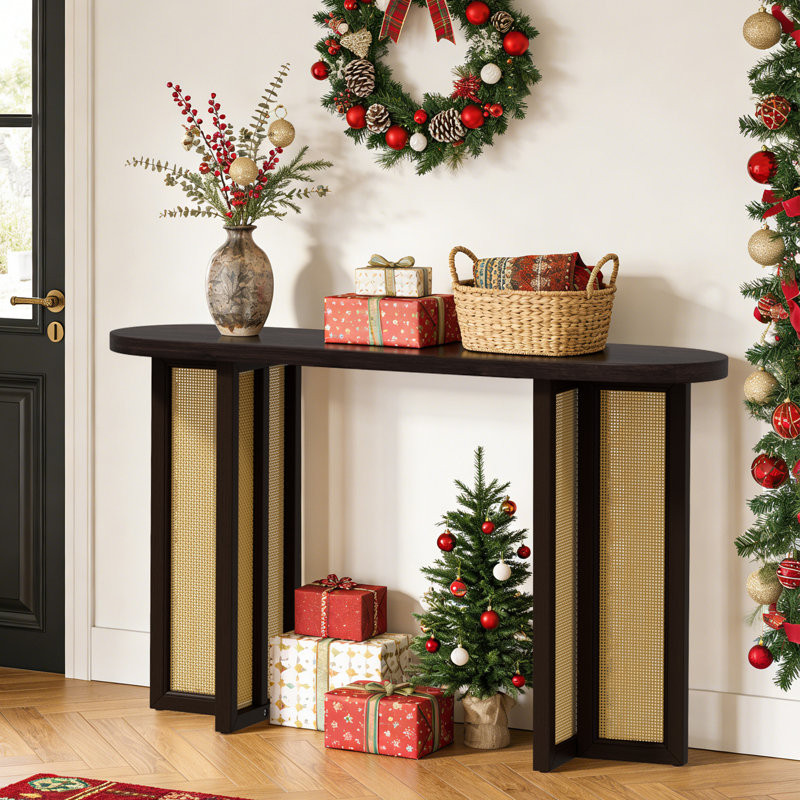 Console ovale en rotin - canapé de style campagnard en bois 47,8 po, table d'appoint, table de vestibule pour le couloir ou le salon, espresso