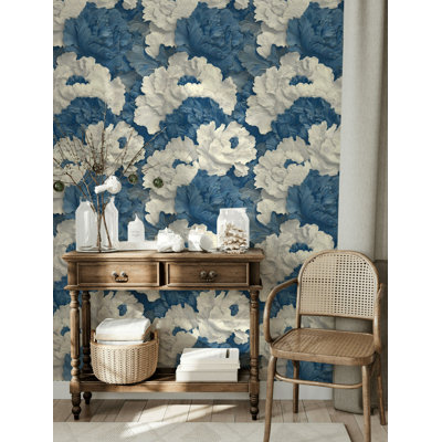 Papier peint floral bleu, adhésif mural bleu
