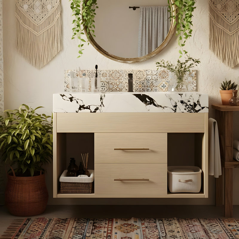 Meuble-lavabo mural avec lavabo en céramique frittée, Bois