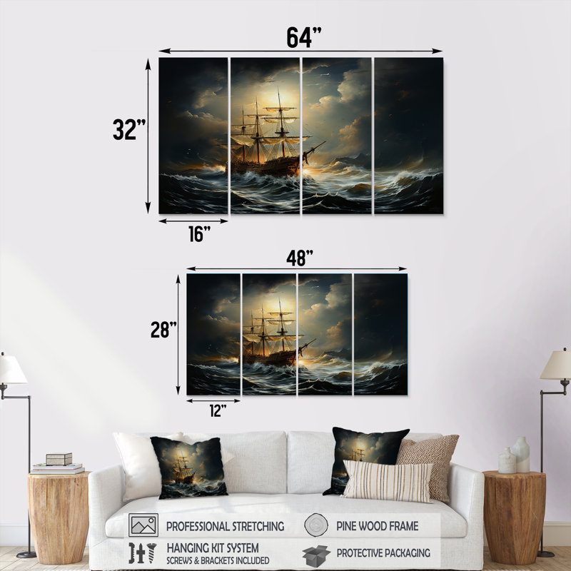 «Pirate Boat Carabian Legacy I - Pirate», art mural 4 pièces, H 28 po x l 48 po