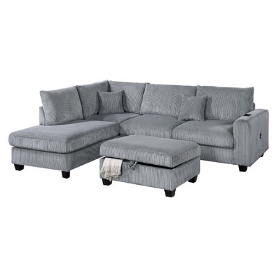 Roe 3Pc Sectional Sofa Set With Chaise, Ottoman, 2 Pillows