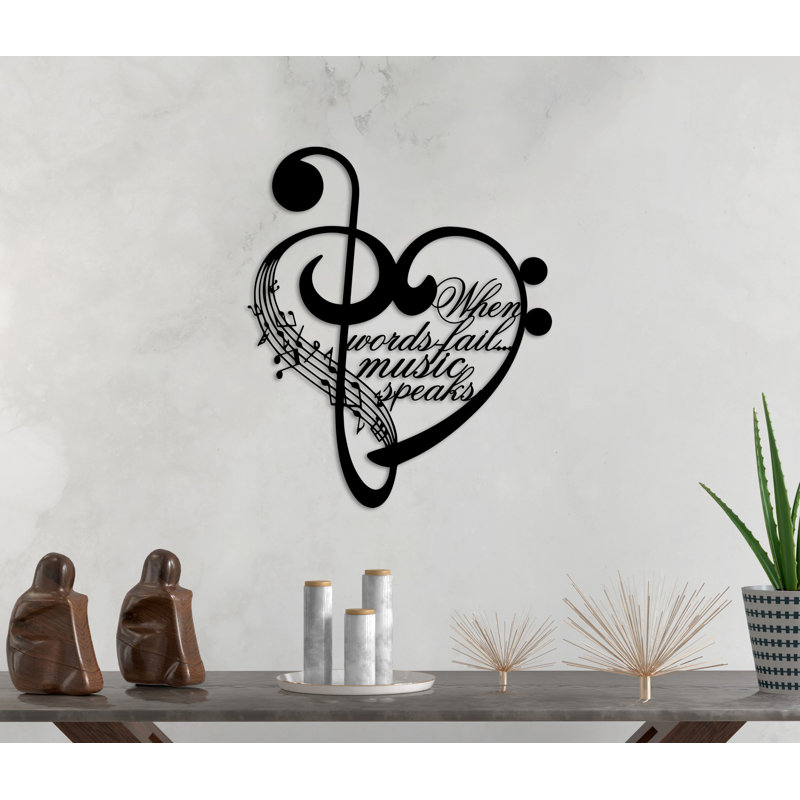 Metal Notes and Heart Wall Art, When words fail music speaks, Metal Wall Decor for Musician Gift, Matte Black