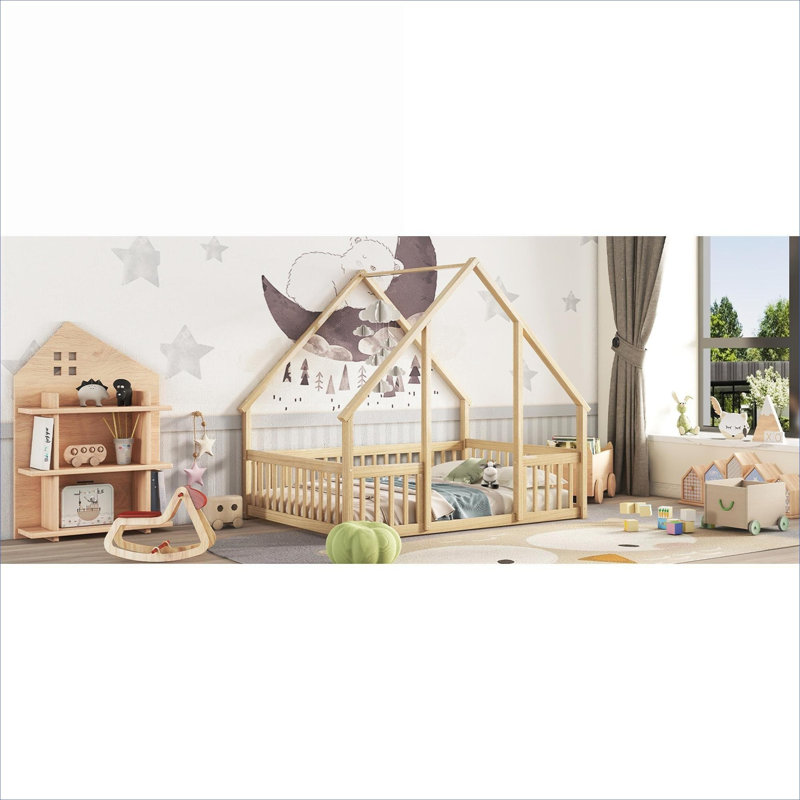 Organic Natural Full Size Solid Pine House-Shaped Platform Floor Bed with Protective Guardrails and Fence, Natural , Full