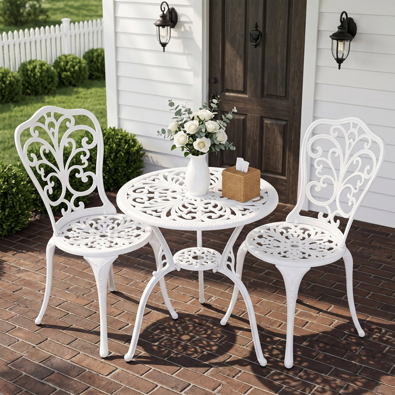 Bistro Table and Chairs Set of 2 with Umbrella Hole for Garden,White, White
