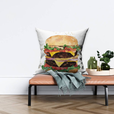Watercolor All Dressed Double Cheeseburger – Throw Pillow Cover Only, Double-Sided Print, Insert Not Included