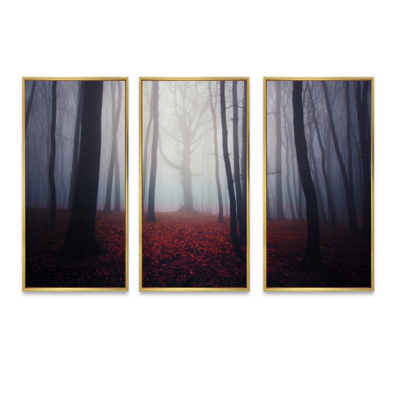 «Dark Spooky Misty Forest», 3 pièces, cadre flottant, impression sur toile, H 28 po x l 36 po, Or