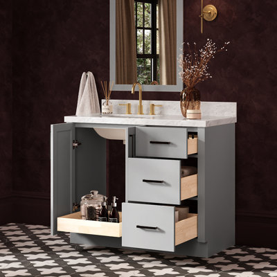 43 Inch Left Offset Single Rectangle Sink Bathroom Vanity with Carrara White Marble Countertop 1.5 Inch in Grey