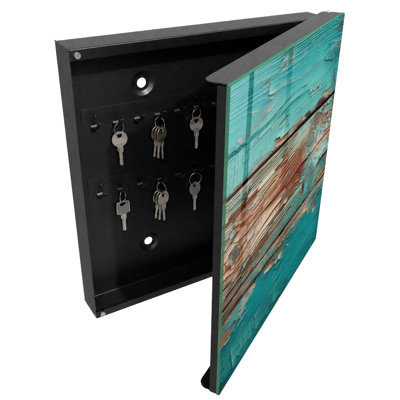 Wall mounted key box, Opens to the right, 30x30x5, Black, Wooden texture with turquoise splashes, 