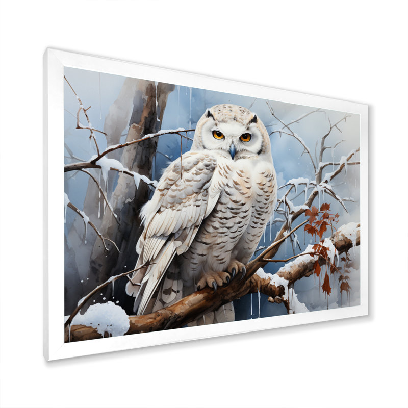 Winter Snowy Owl Landscape - Art mural paysage d'hiver, Cadre simple blanc, H 12 po x l 20 po x P 1 po