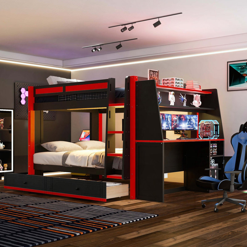 Lit superposé double pleine grandeur avec lumières DEL, bureau et étagères, Black/Red, Drawers