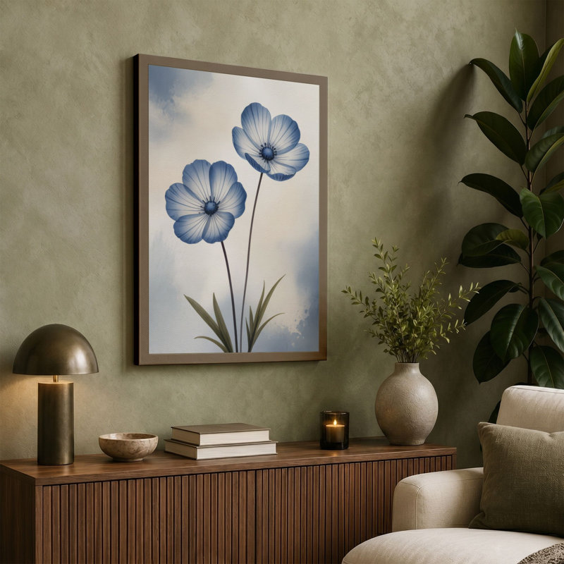 Delicate Blue Blooms Botanical - Wrapped Canvas, 18x12 - 45.7 x 30.5 cm, Cream Border