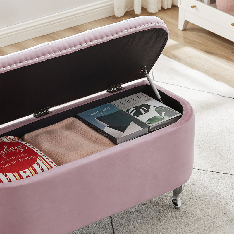 Banc de rangement Keyland, repose-pieds capitonné en velours et demi-cercle, Rose