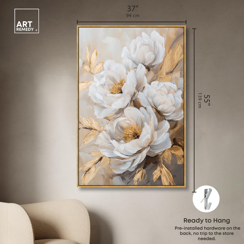 Art Remedy, art floral élégant sur toile, Blooming in the Golden Mist, Cadre flottant doré, H 55 po x l 37 po