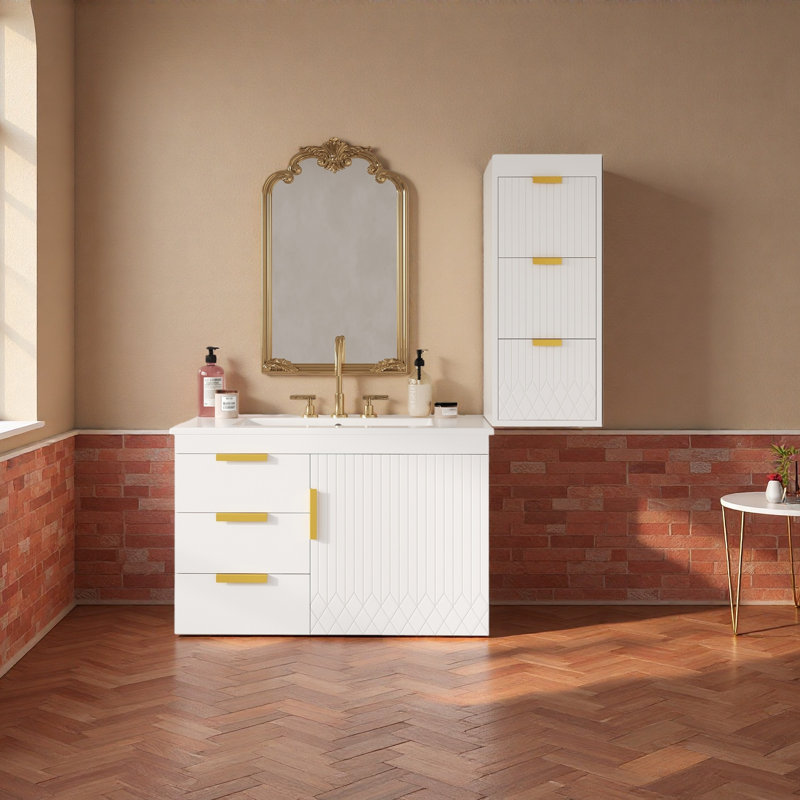 Armoire murale murale flottante avec ligne décorative, armoire latérale de 12 pouces avec tiroirs, Blanc