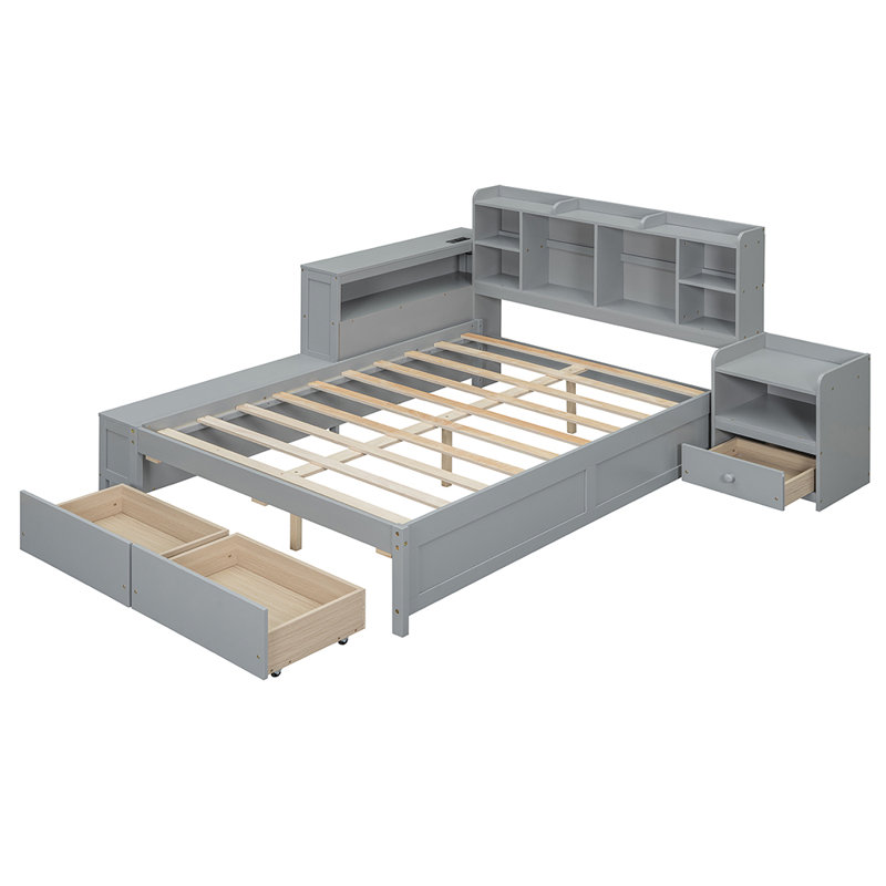 Wooden platform bed with Multi-functional Storage Space Nightstand and 2 Drawers, Grey