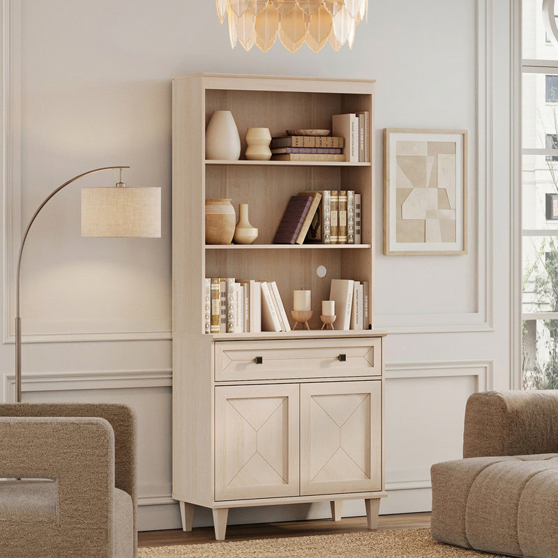 Bibliothèque faite main en patchwork de 31,5 po de hauteur avec armoire, beige, (5 Shelves) 41.3" H x 31.5" W x 15.4" D