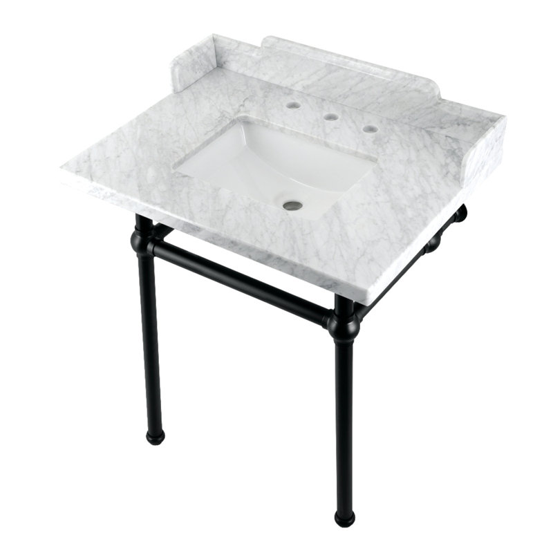 Kingston Brass Pemberton 30-Inch Carrara Marble Console Sink with Brass Legs (8-Inch, 3-Hole), Marble White/Matte Black