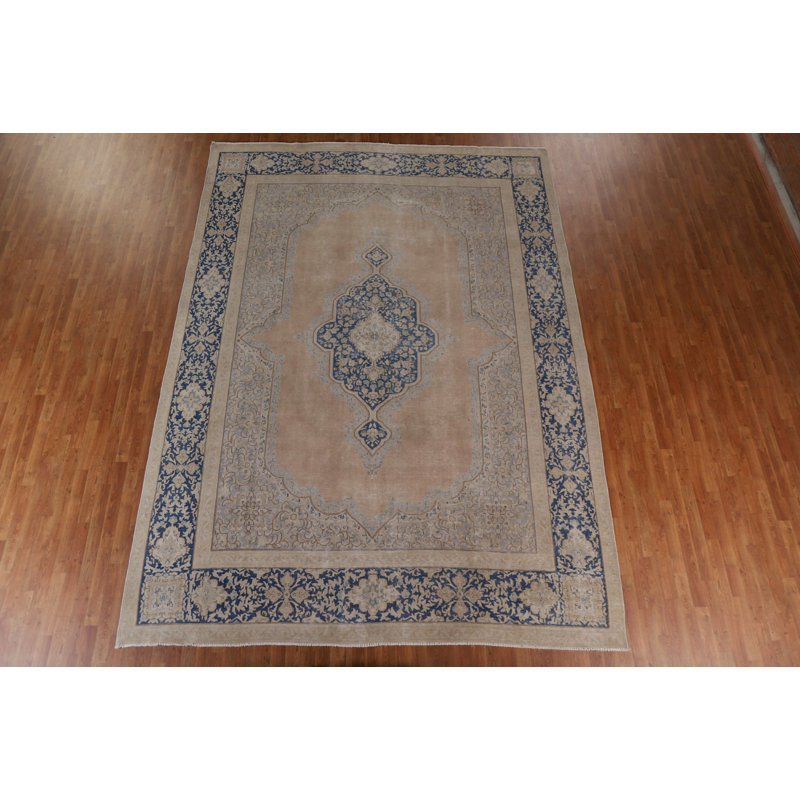 Tapis à motif géométrique persan Kerman noué à la main 10 x 13