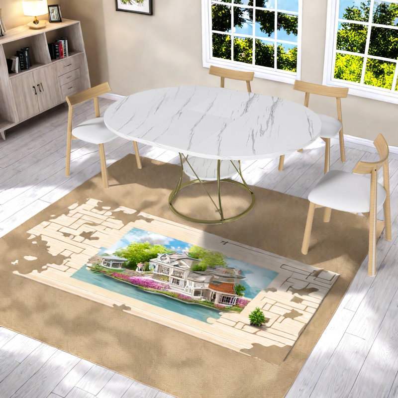 Space-saving Extendable Dining Table Sets With Marble Finish, Gold Base