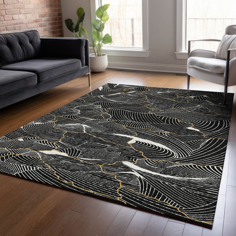 Sahari Black Washable Indoor-Outdoor Rug - , 8' x 10'